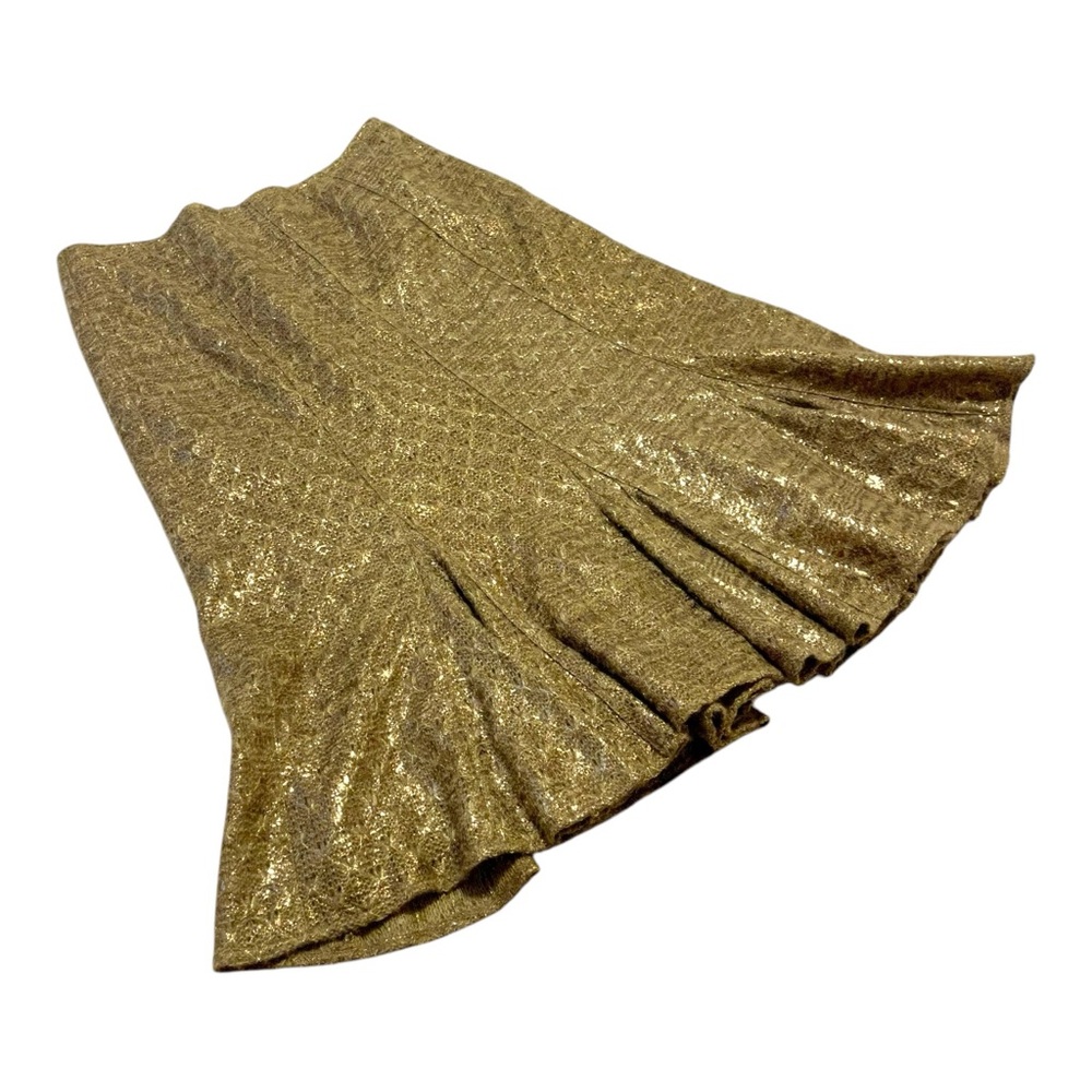 LAFAYETTE 148 Skirt Midi Knit Gold Bronze Brown Metallic Peplum Pleated Bottom 6